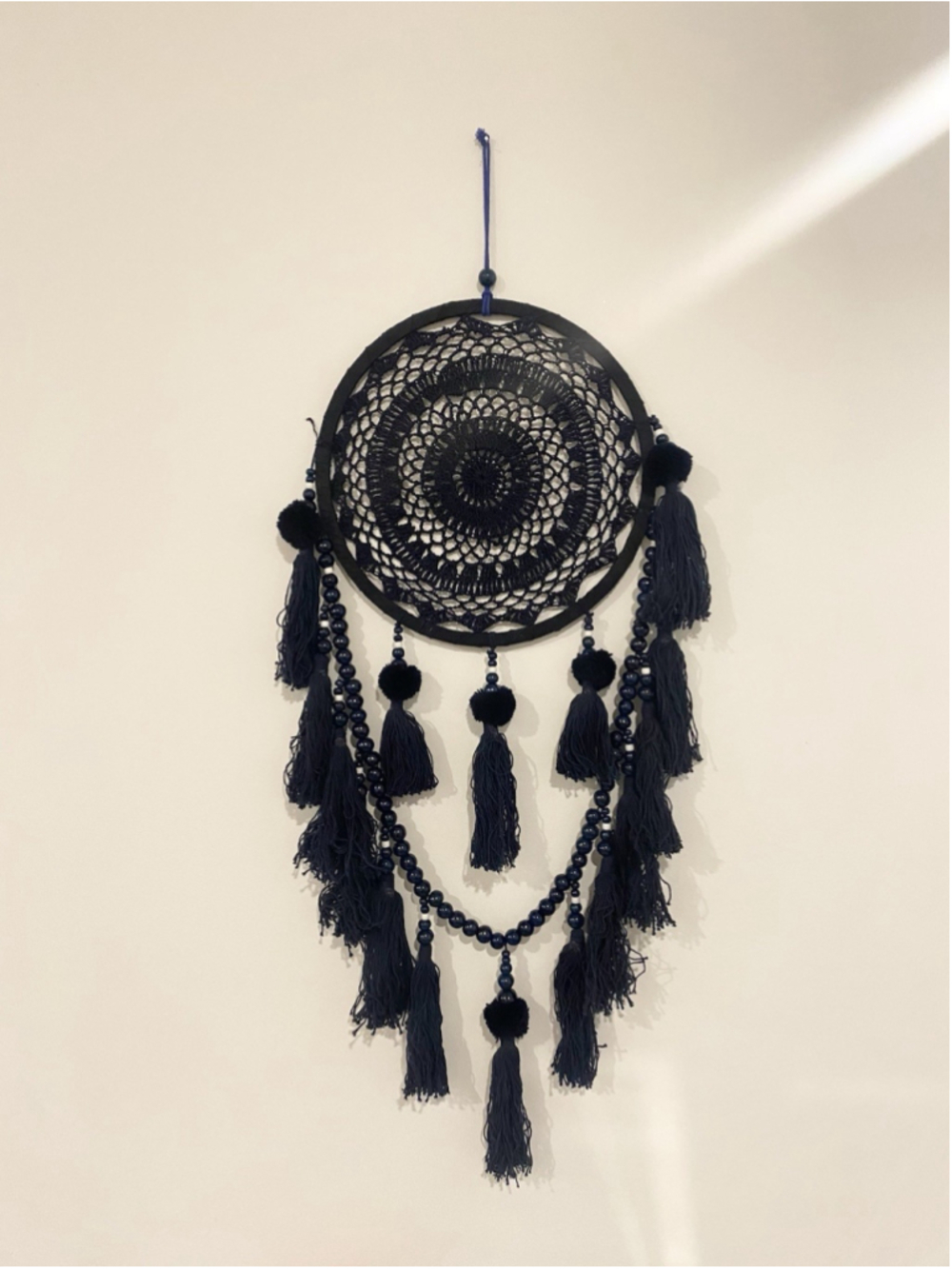 Large Navy Blue Crochet Dream Catcher Boho Wall Hanging Beaded Tassels 30”
